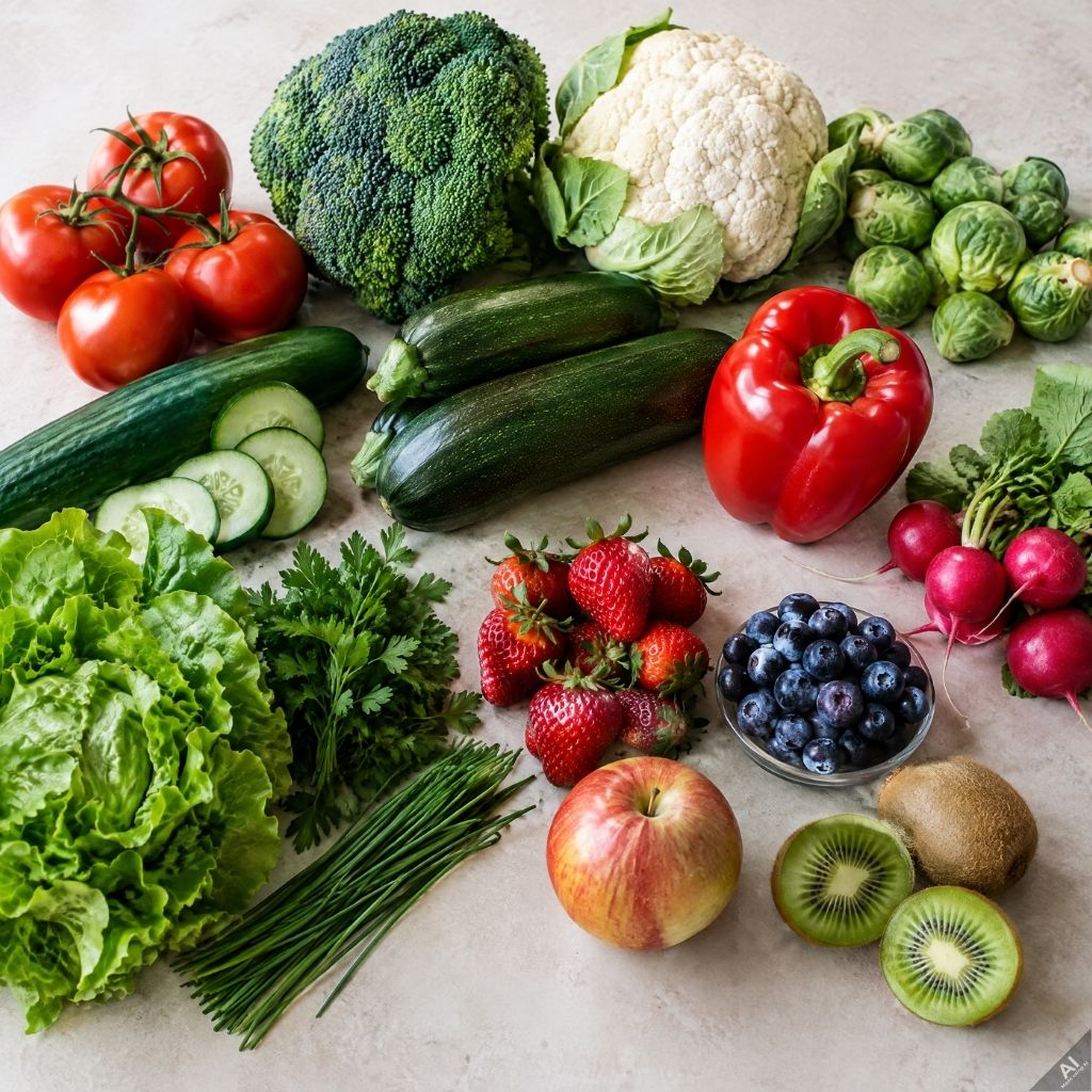 Colorful assortment of fresh vegetables and fruits on a light surface: tomatoes, broccoli, cauliflower, zucchini, bell pepper, greens, berries, apple, kiwi, radishes, and more.