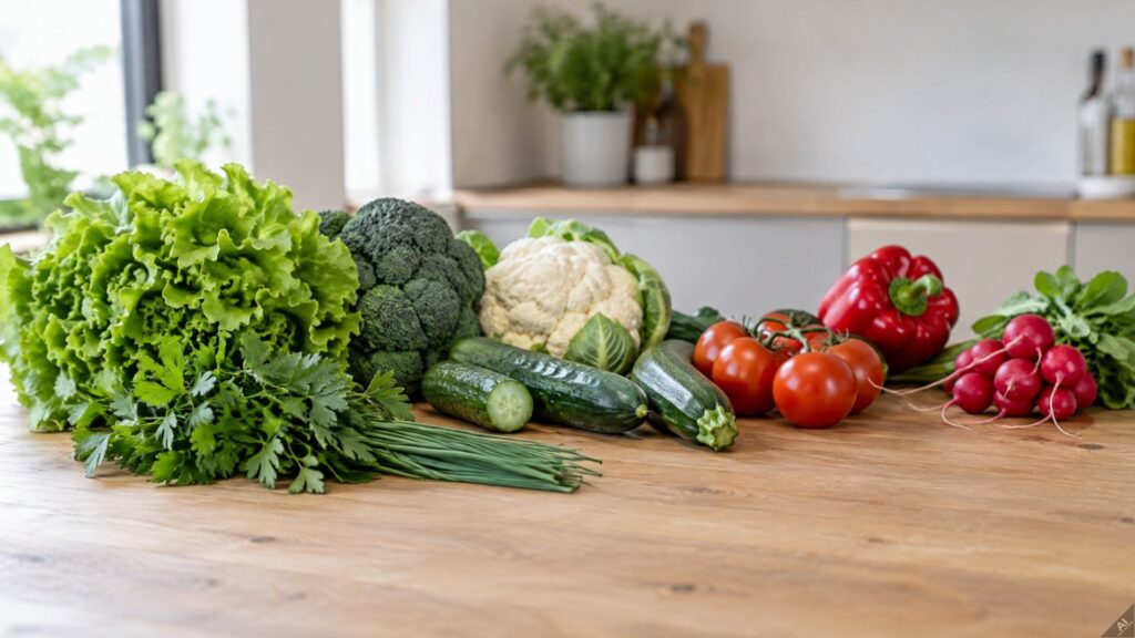 Assorted fresh vegetables on a wooden kitchen table: lettuce, broccoli, cauliflower, cucumbers, tomatoes, red bell pepper, radishes, and herbs in a bright home kitchen.
