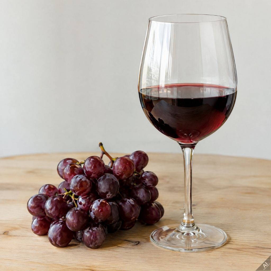 A glass of red wine beside a cluster of purple grapes on a wooden table surface, with wine filling about half the glass.