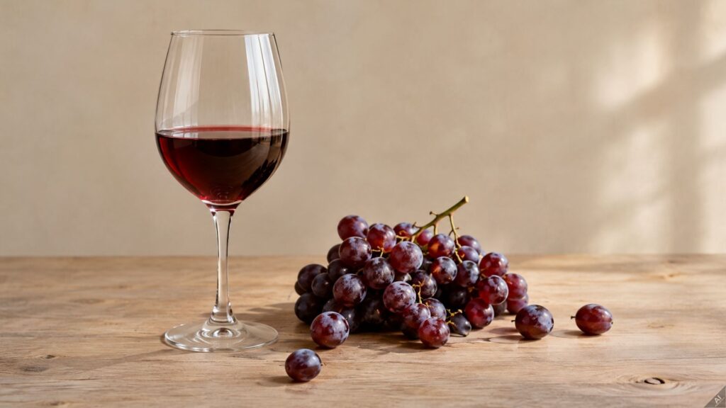 Wine glass with red wine beside a cluster of grapes on a wooden table, against a beige background.