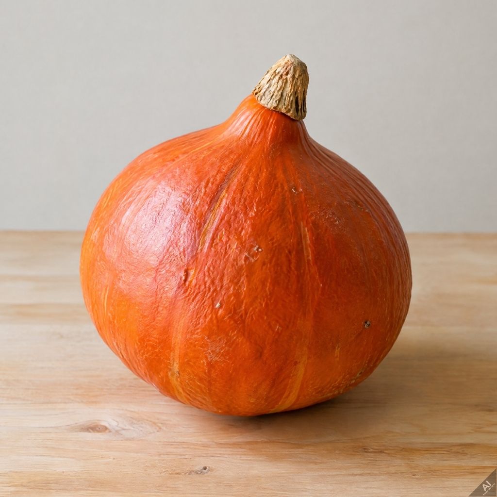 Orange pumpkin with a short beige stem sitting on a wooden tabletop.
