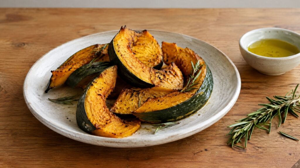 Roasted pumpkin wedges on a ceramic plate with rosemary sprigs and olive oil on the side.