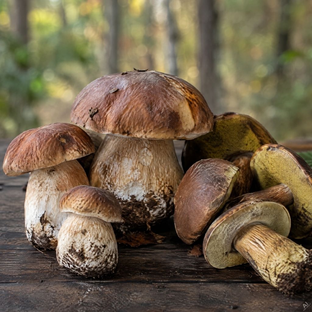 Group of fresh porcini mushrooms on a weathered wooden table with a forest backdrop.