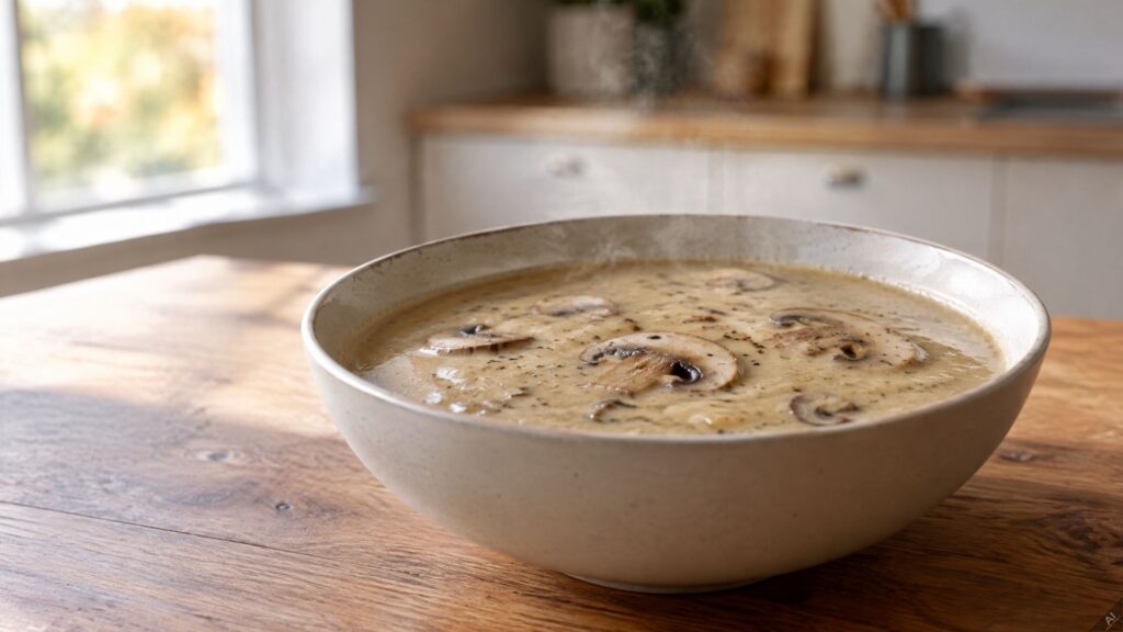 Creamy mushroom soup in a wide white bowl on a wooden kitchen table.
