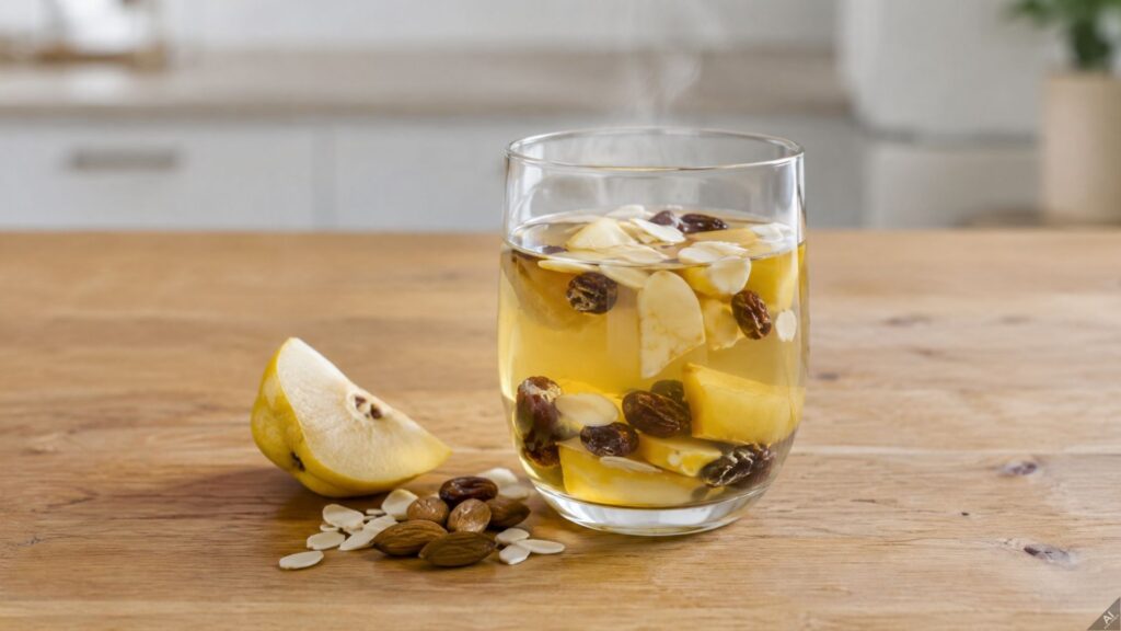 Glass of warm lemon water with sliced almonds and raisins on a wooden table.