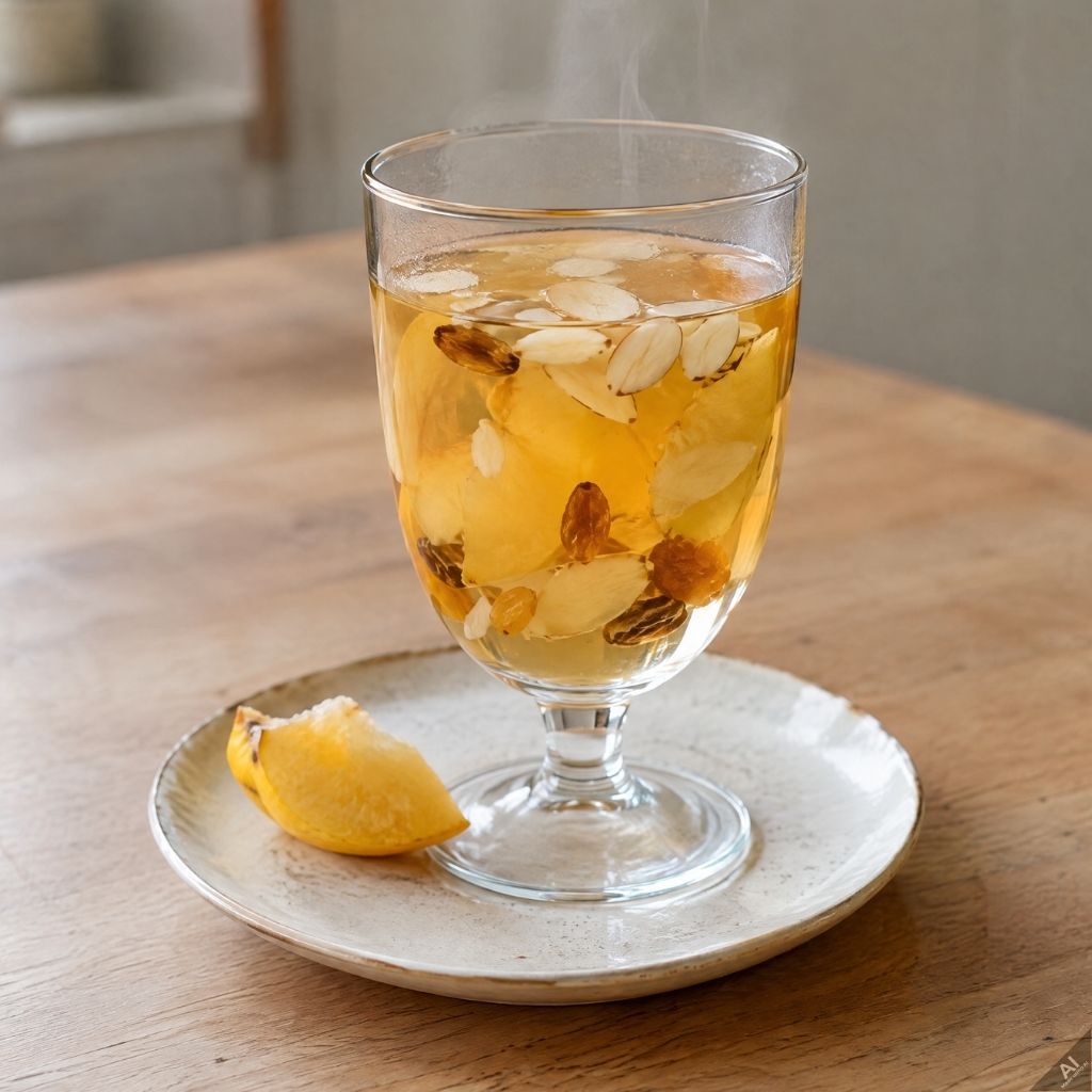 Glass of hot tea with lemon slices and almond slivers, steam rising, on a ceramic plate with a lemon wedge nearby.