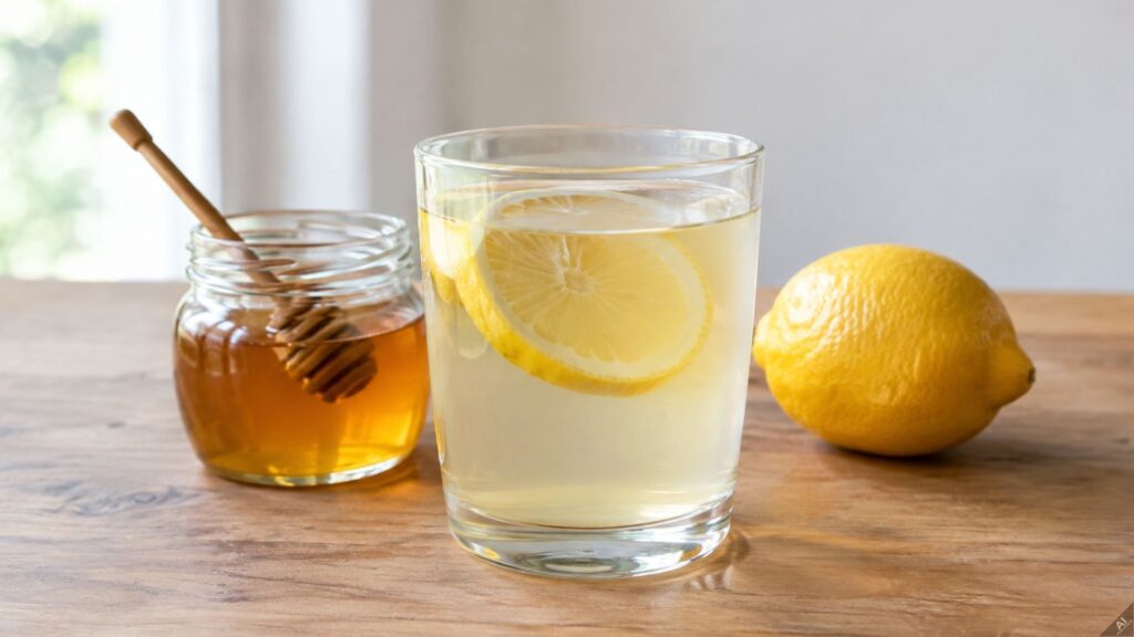 Glass of lemon water with a lemon slice, a jar of honey with a dipper, and a whole lemon on a wooden table.