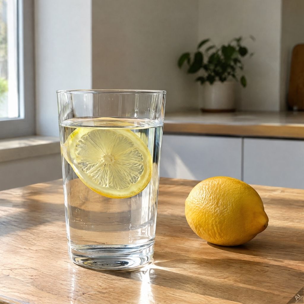 Glass of water with a lemon slice on a wooden kitchen table, sunlight streaming in from a window.