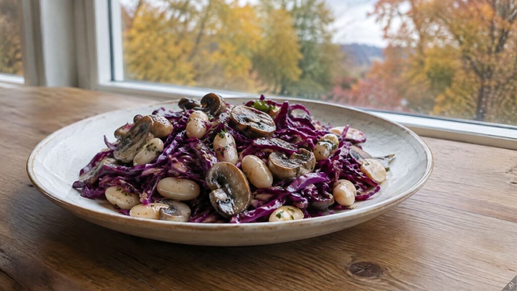 Plate of white beans with mushroom slices and shredded red cabbage, garnished, on a wooden table by a window showing autumn trees outside.