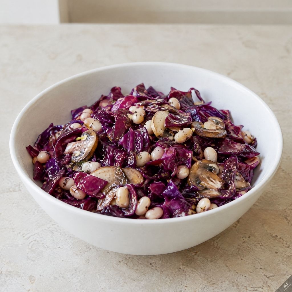 White bowl of purple cabbage slaw with white beans and mushroom slices.