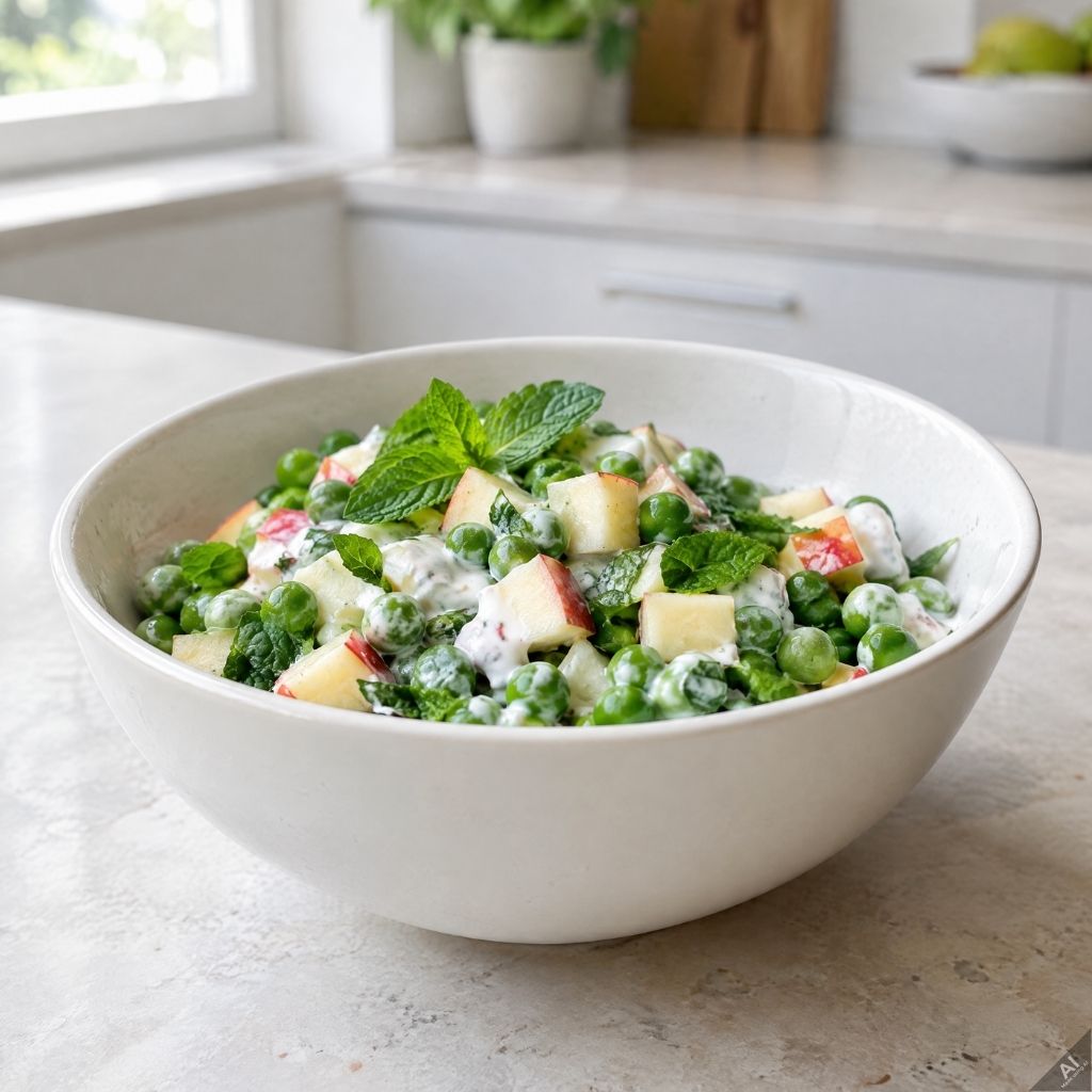White bowl of pea and apple salad with mint and creamy dressing on a kitchen counter.
