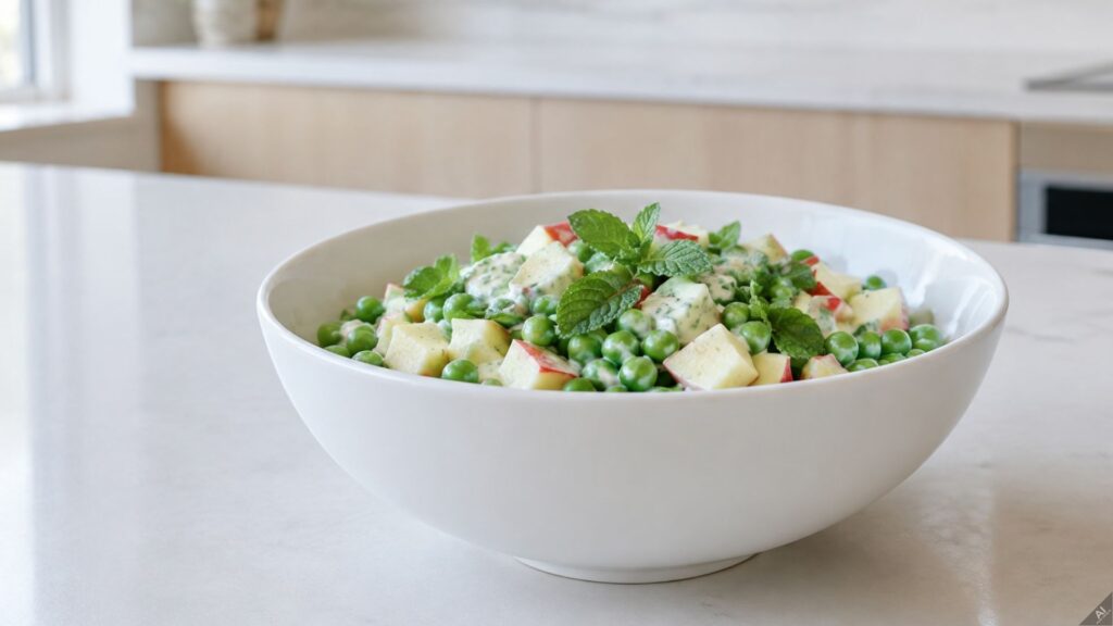 White bowl of pea salad with diced apples, feta and fresh mint on a marble kitchen counter
