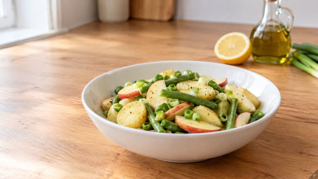 Bowl of potato salad with green beans, sliced apples, and peas on a wooden table, olive oil bottle in background