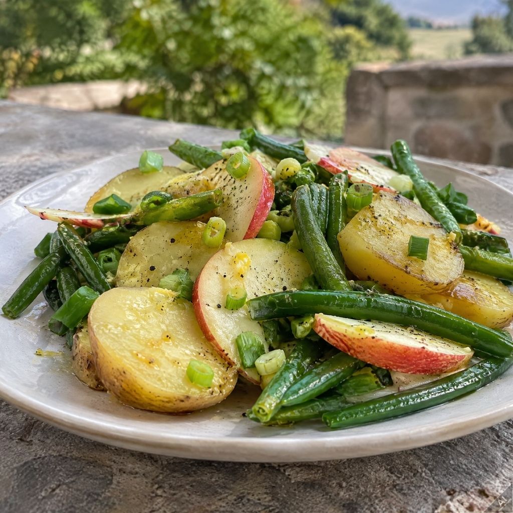 Plate of roasted potato slices, green beans, and apple slices, garnished with chopped green onions outdoors.