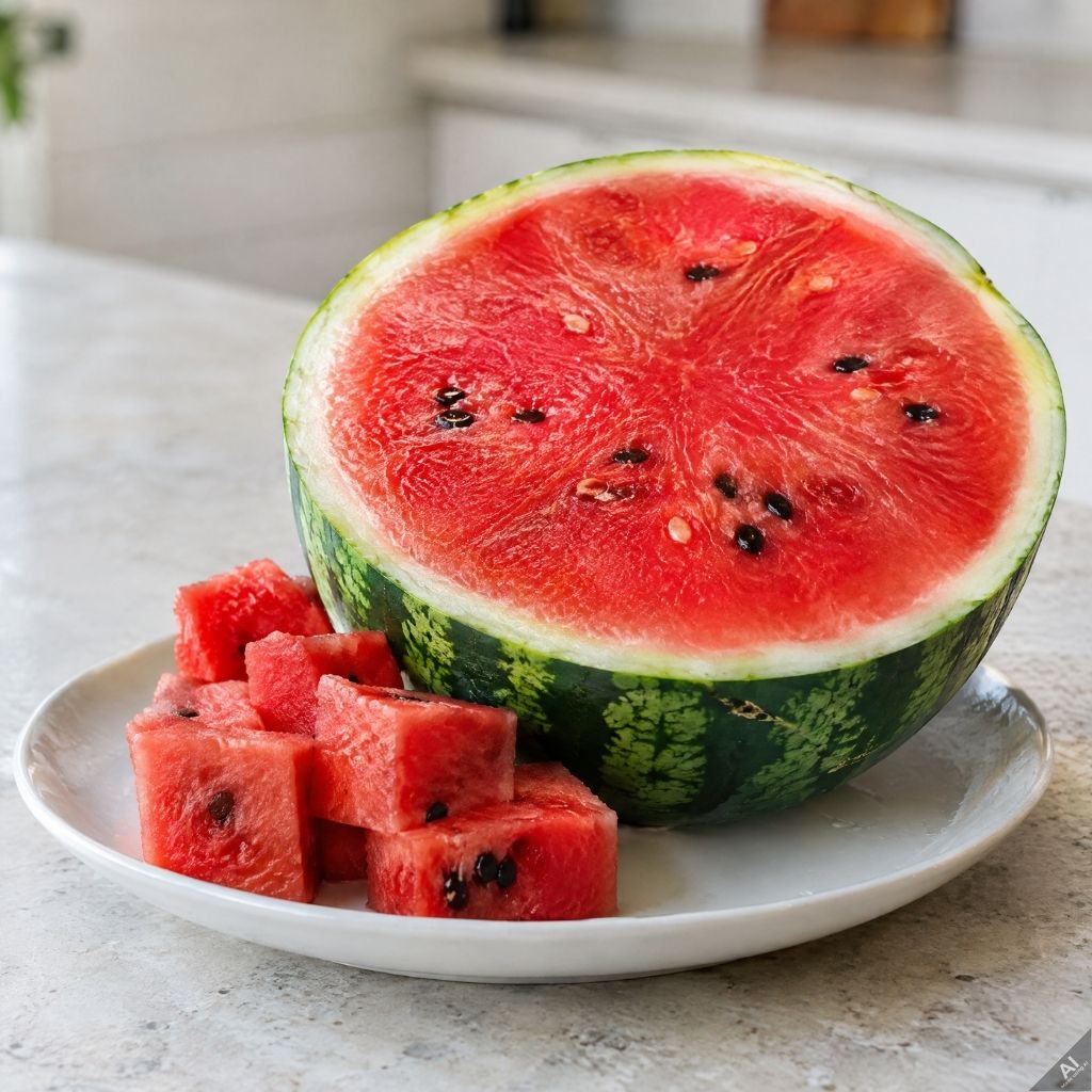 Half watermelon halved on a white plate with watermelon cubes on a kitchen counter, red flesh and black seeds visible.