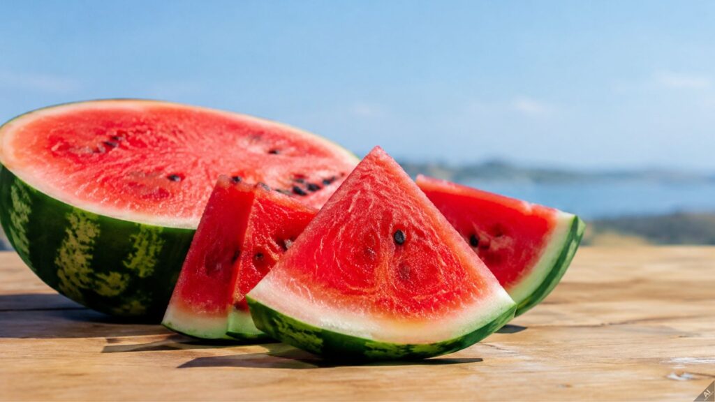 Sliced watermelon on a wooden table with a bright blue sky in the background.