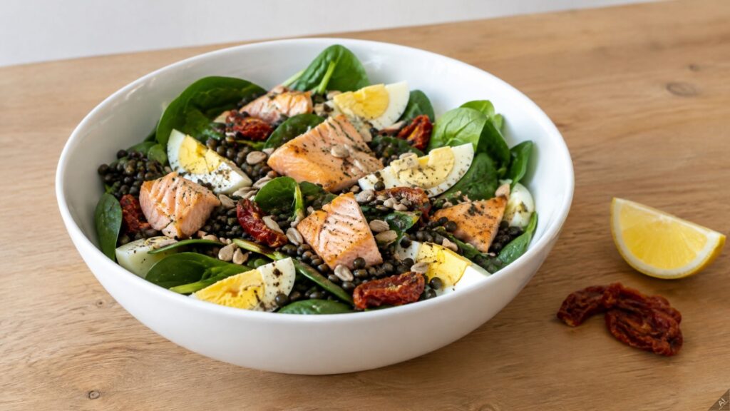 Bowl of salmon salad with spinach, hard-boiled eggs, lentils, seeds, and sun-dried tomatoes on a wooden table; lemon wedge nearby.