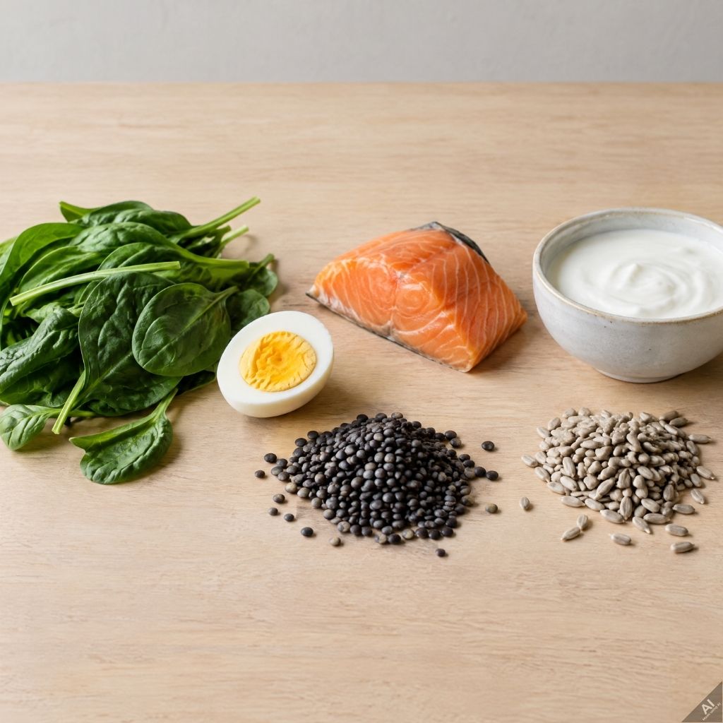 Fresh spinach on a wooden table beside a halved hard-boiled egg, a salmon fillet, a bowl of yogurt, and piles of black beans and sunflower seeds.