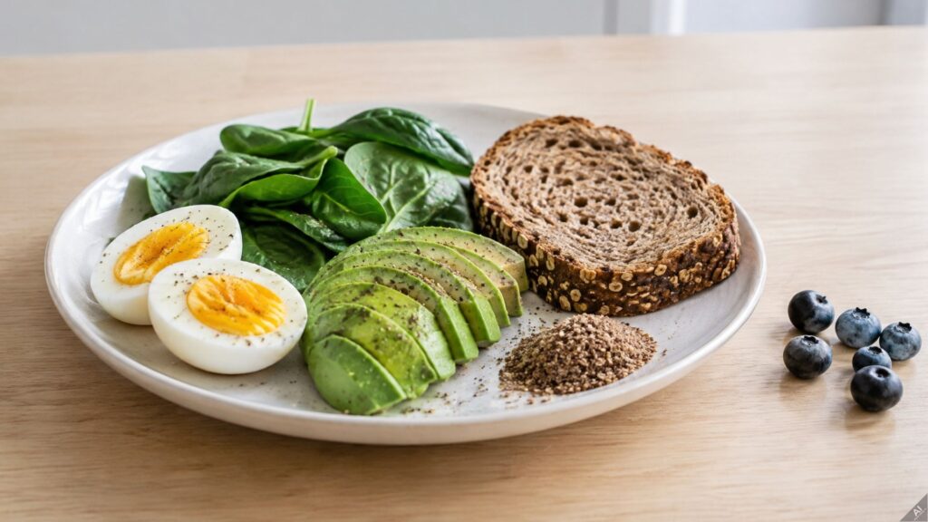 Plate with halved hard-boiled eggs, fresh spinach, avocado slices, sliced multigrain bread, and blueberries on a light wooden table.