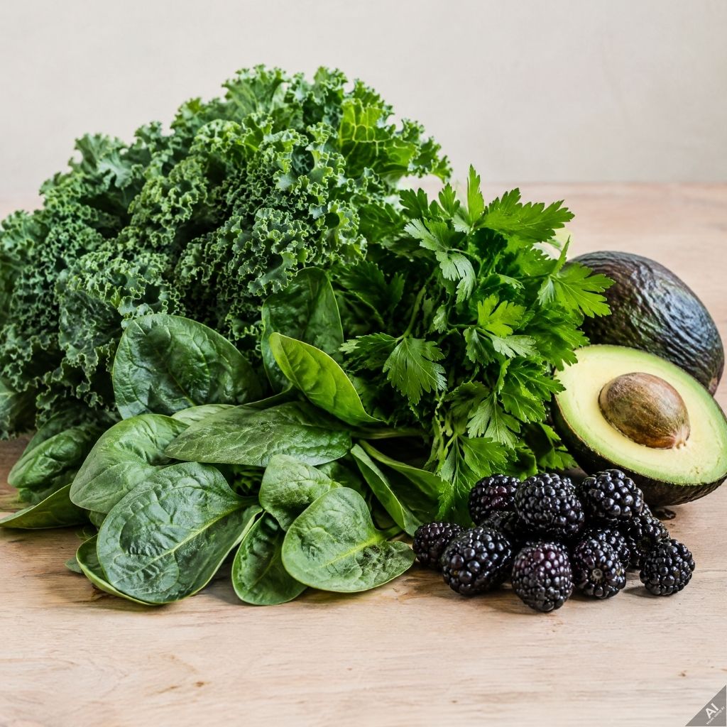 Assortment of leafy greens (kale, spinach, parsley) with avocado halves and blackberries on a wooden surface