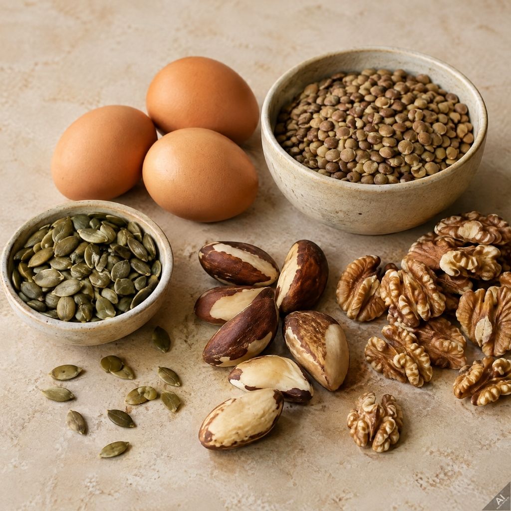 Assorted nuts and seeds with three brown eggs on a beige surface, including lentils, pumpkin seeds, Brazil nuts, and walnuts.