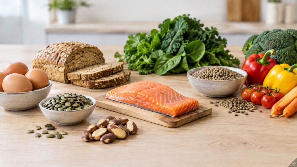 Fresh groceries on a wooden counter: salmon fillet on a cutting board, bread, eggs, greens, peppers, tomatoes, carrots, broccoli, and bowls of seeds and lentils.