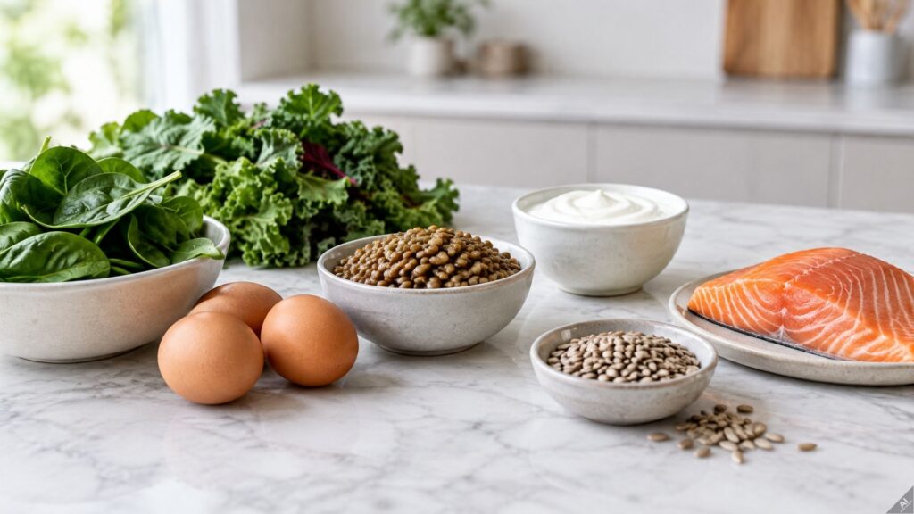 Spread of healthy ingredients on a marble countertop: spinach, kale, eggs, lentils, yogurt, pumpkin seeds, and a salmon fillet.