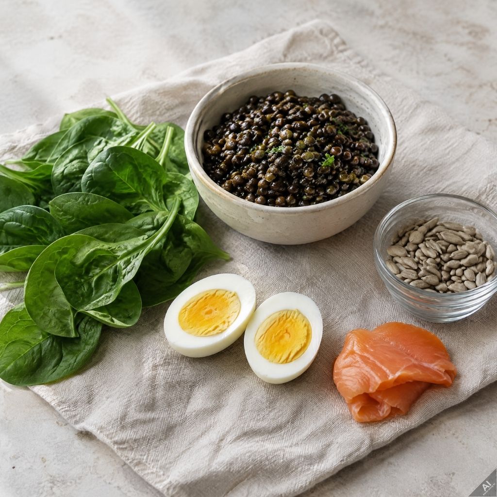 dr-gawlikowska-dieta-przepisy-dzis-swiatowy-dzien-depresji-witaminy - Dr Gawlikowska - Dr Gawlikowska Fresh spinach leaves, two halved hard-boiled eggs, a bowl of cooked lentils, a small glass of sunflower seeds, and slices of smoked salmon on a beige cloth.