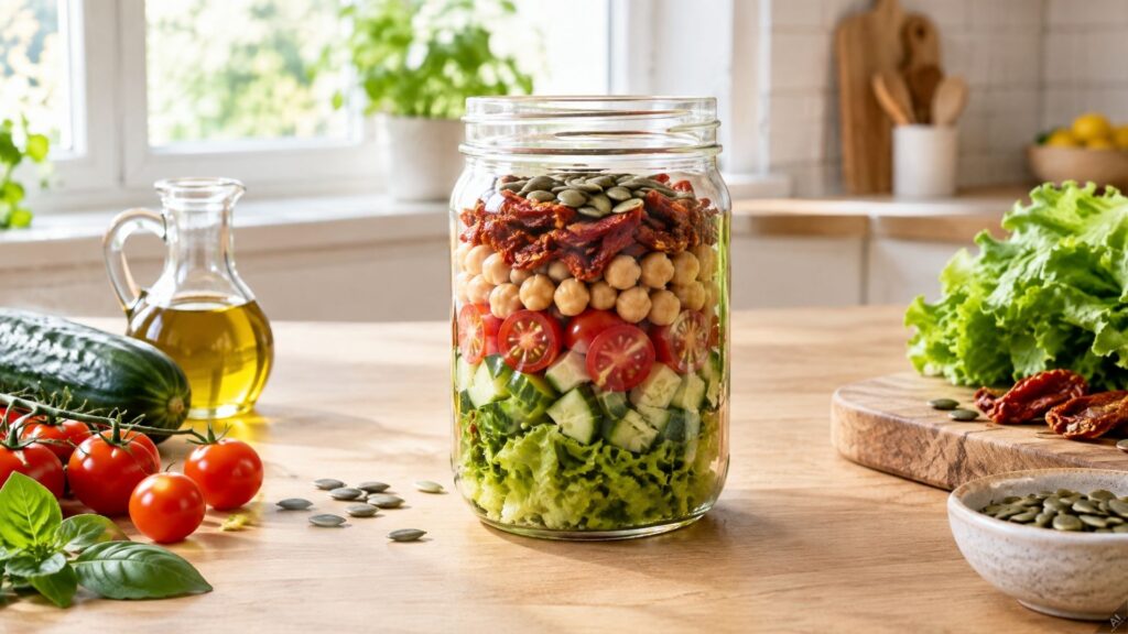 Glass jar with a multi-layer salad (lettuce, cucumber, tomatoes, chickpeas, sun-dried tomatoes, pumpkin seeds) on a wooden kitchen counter.