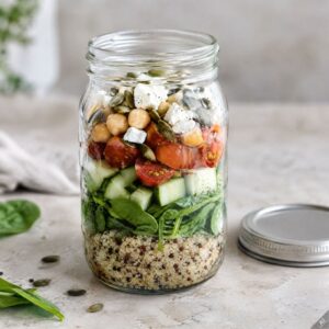 Jarred salad with layered ingredients: quinoa at the bottom, then spinach, cucumber, cherry tomatoes, feta, seeds and greens in a glass mason jar ready to eat