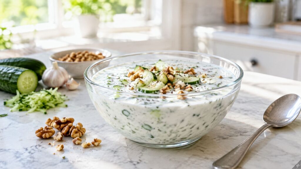 Glass bowl of cucumber yogurt raita garnished with cucumber slices and crushed walnuts on a marble kitchen counter in a sunny kitchen.