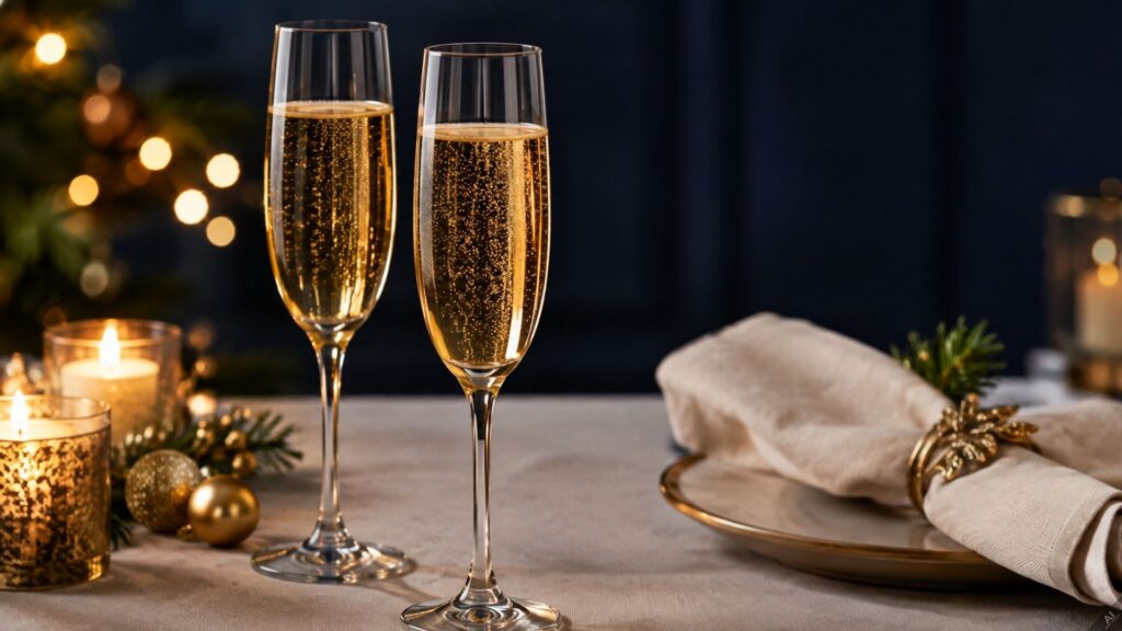 Two champagne flutes filled with bubbly on a festive table with candles and gold ornaments in the background.