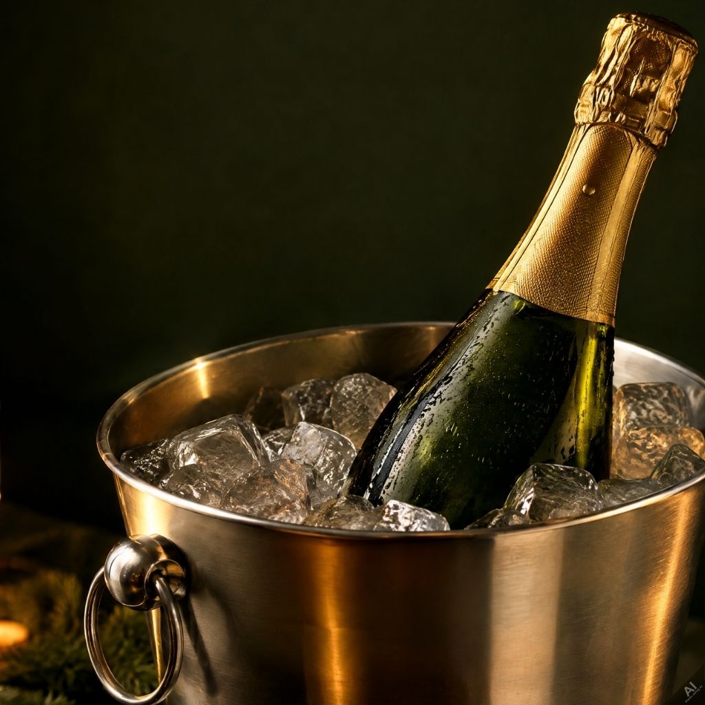Champagne bottle chilling in a metal ice bucket with ice cubes and condensation on the bottle rimmed in gold foil