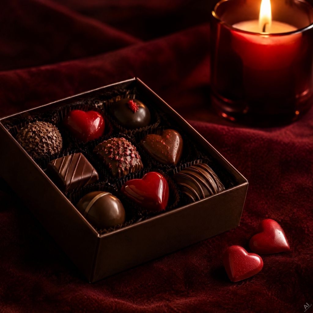 Box of assorted chocolates, including heart-shaped and round pieces, on burgundy velvet with a lit candle near by light.
