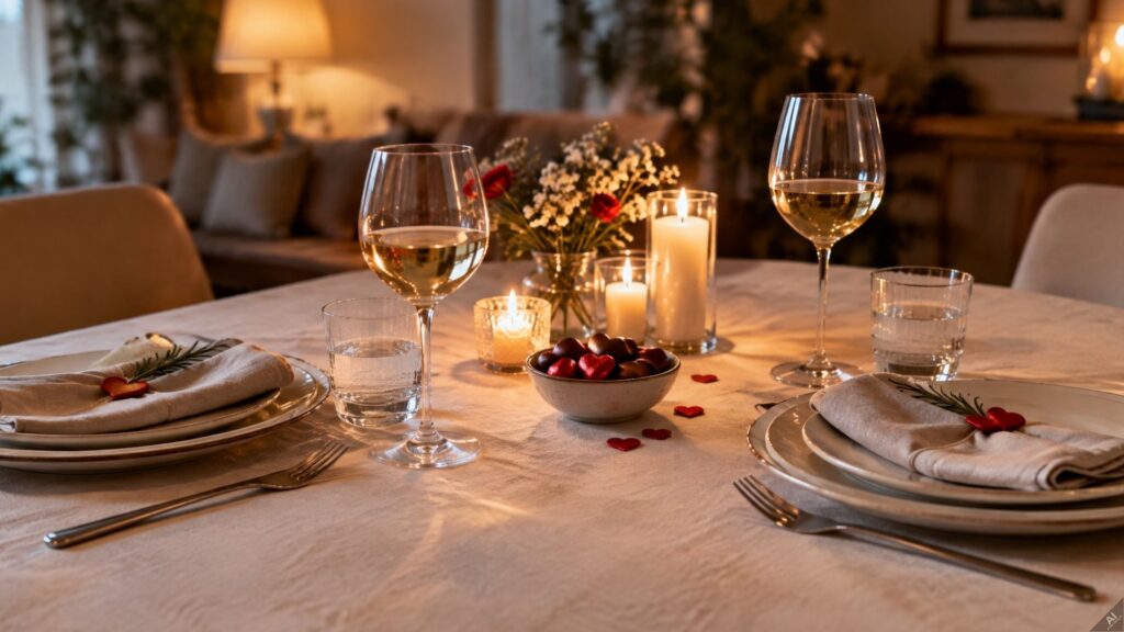 Romantic dinner table for two with candles, wine glasses, and a flower centerpiece on a white tablecloth.