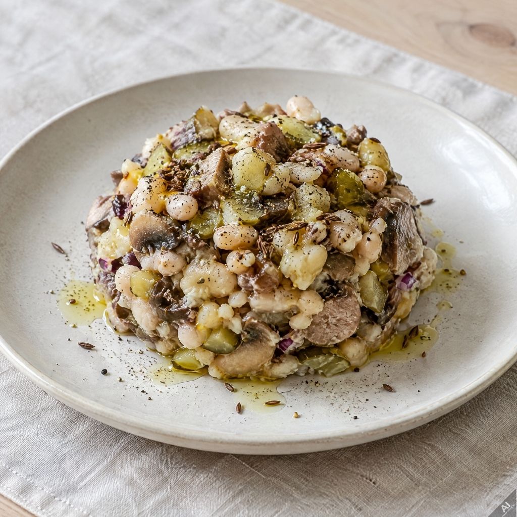 A mound of mixed bean salad with potatoes and herbs, drizzled with olive oil on a light plate.