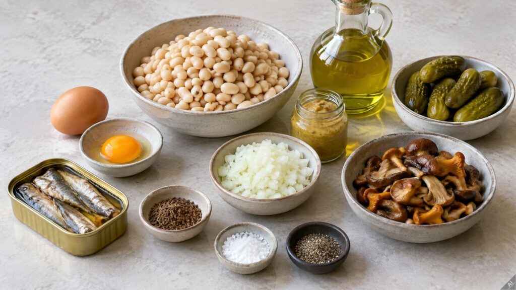 Assortment of cooking ingredients on a table: eggs, white beans, onions, pickles, sardines, mushrooms, olive oil, and spices.