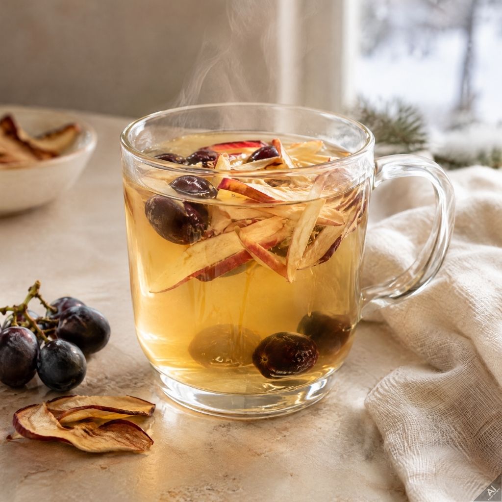 Glassy mug of steaming hot cider with dried apple slices and grapes floating inside on a beige countertop.