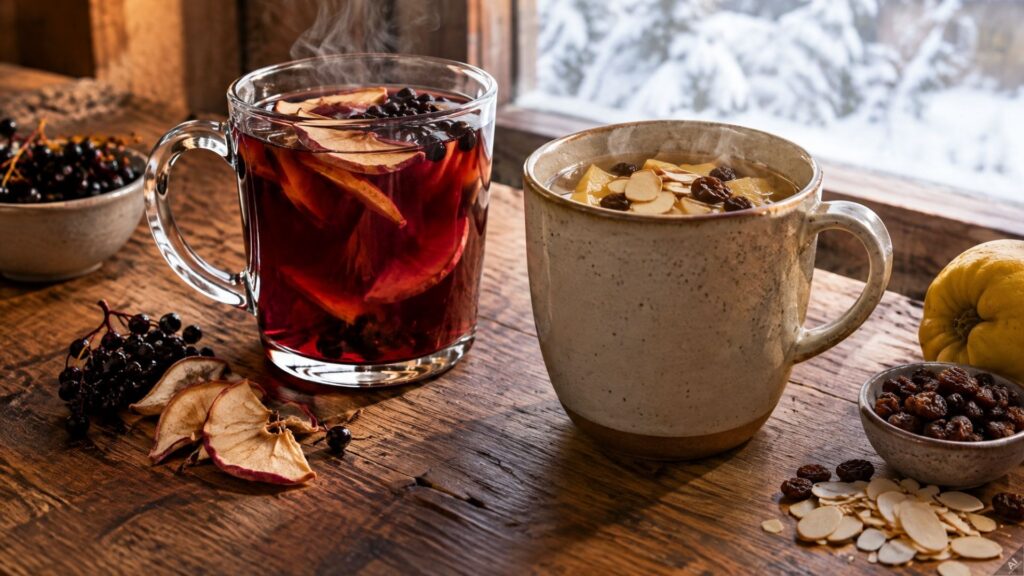 Two warm drinks on a rustic wooden table: a mug of mulled wine with orange slices and berries, and a mug of spiced tea nearby.