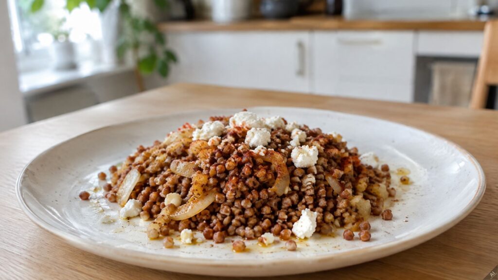 Plate of seasoned lentil and grain dish with crumbled feta on a white plate, set on a wooden table in a bright kitchen.