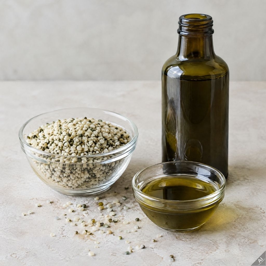 Sesame seeds in a glass bowl with a bottle of olive oil and a small bowl of oil on a light countertop, ready for cooking.