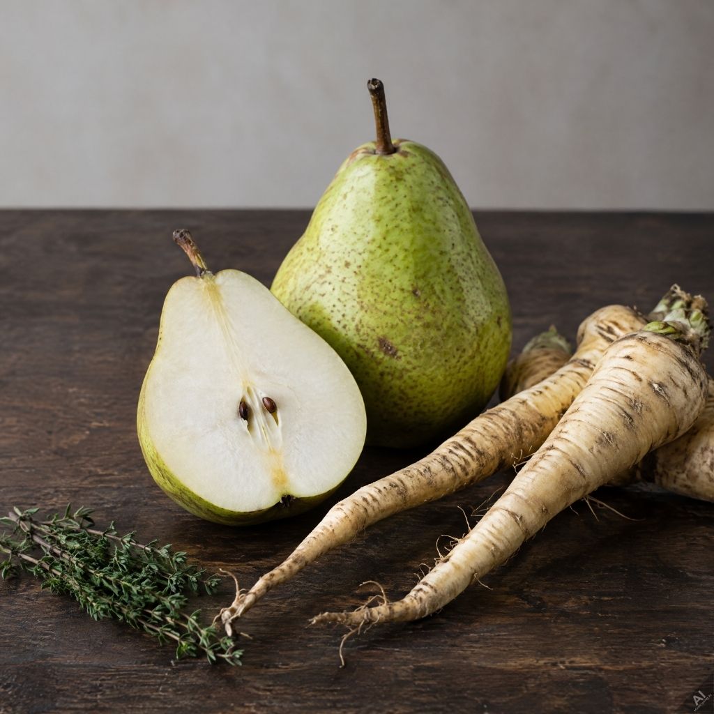 dr-gawlikowska-dieta-przepisy-wczoraj-poprosilam-syna-o-zakupy-w-warzywniaku-warzywa - Dr Gawlikowska - Dr Gawlikowska Whole and half green pear beside several parsnips and a sprig of thyme on a dark wooden table (still-life cozinha-style).