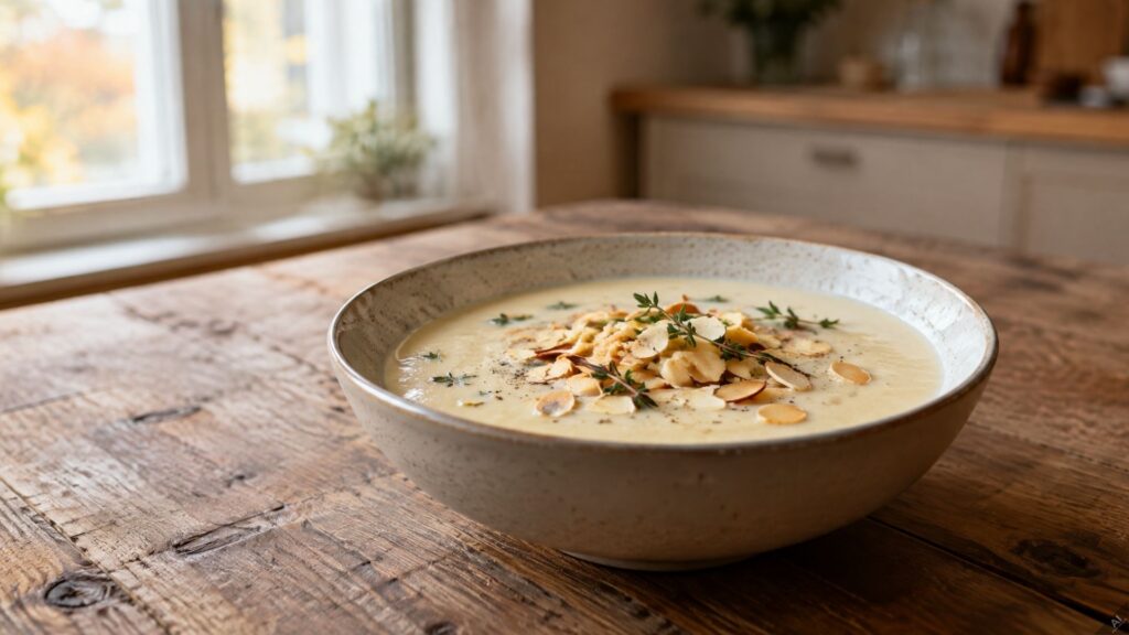 Creamy soup in a ceramic bowl topped with almond slices and thyme on a rustic wooden table near a window.