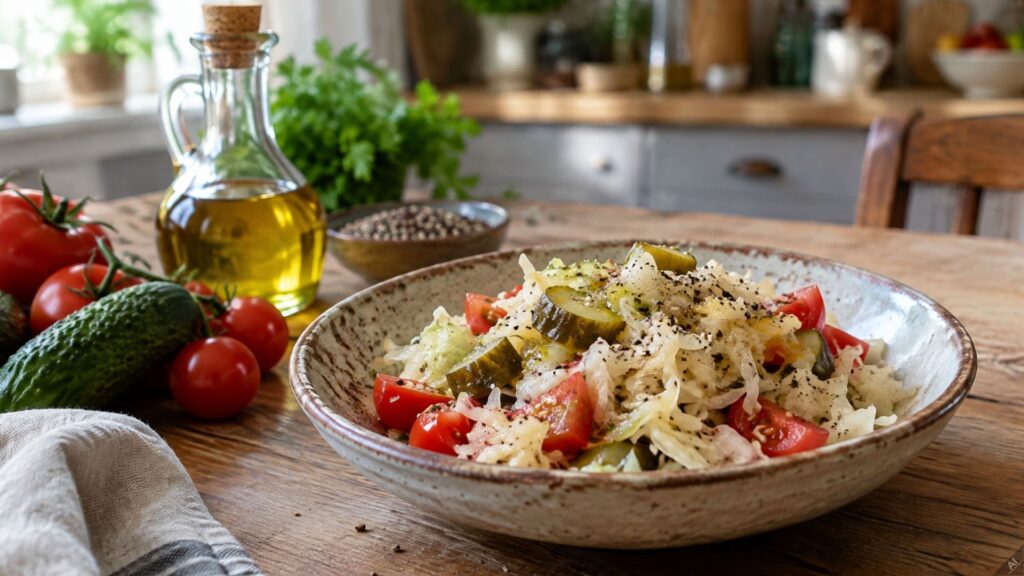 Bowl of pasta salad with tomatoes, cucumbers and herbs on a rustic wooden table, olive oil and fresh produce in the background.