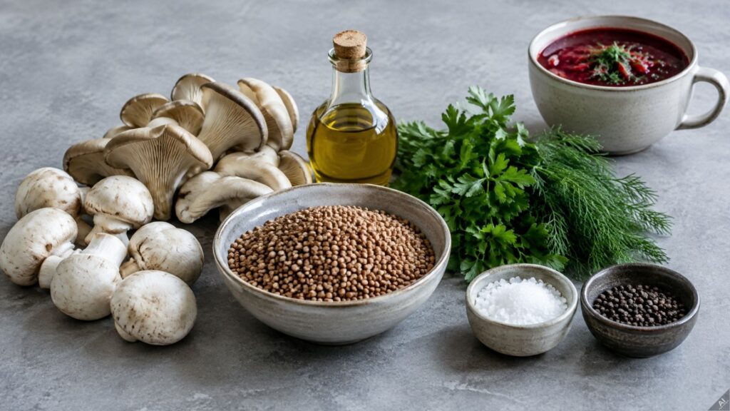 Assorted cooking ingredients on a gray surface: mushrooms, a bottle of olive oil, fresh herbs, millet in a bowl, and small bowls of salt and pepper, with beet soup in a mug in the background on the right