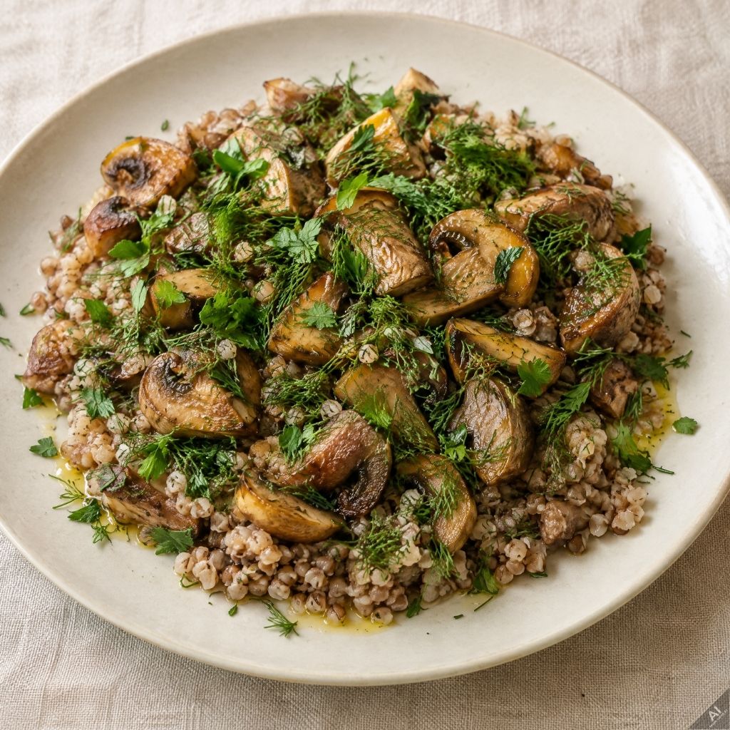 dr-gawlikowska-dieta-przepisy-z-gory-widac-samo-zielsko-czyli-pietruszka-i-koperek-pietruszka - Dr Gawlikowska - Dr Gawlikowska Plate of sautéed mushrooms on a bed of barley, garnished with dill and parsley for freshness
